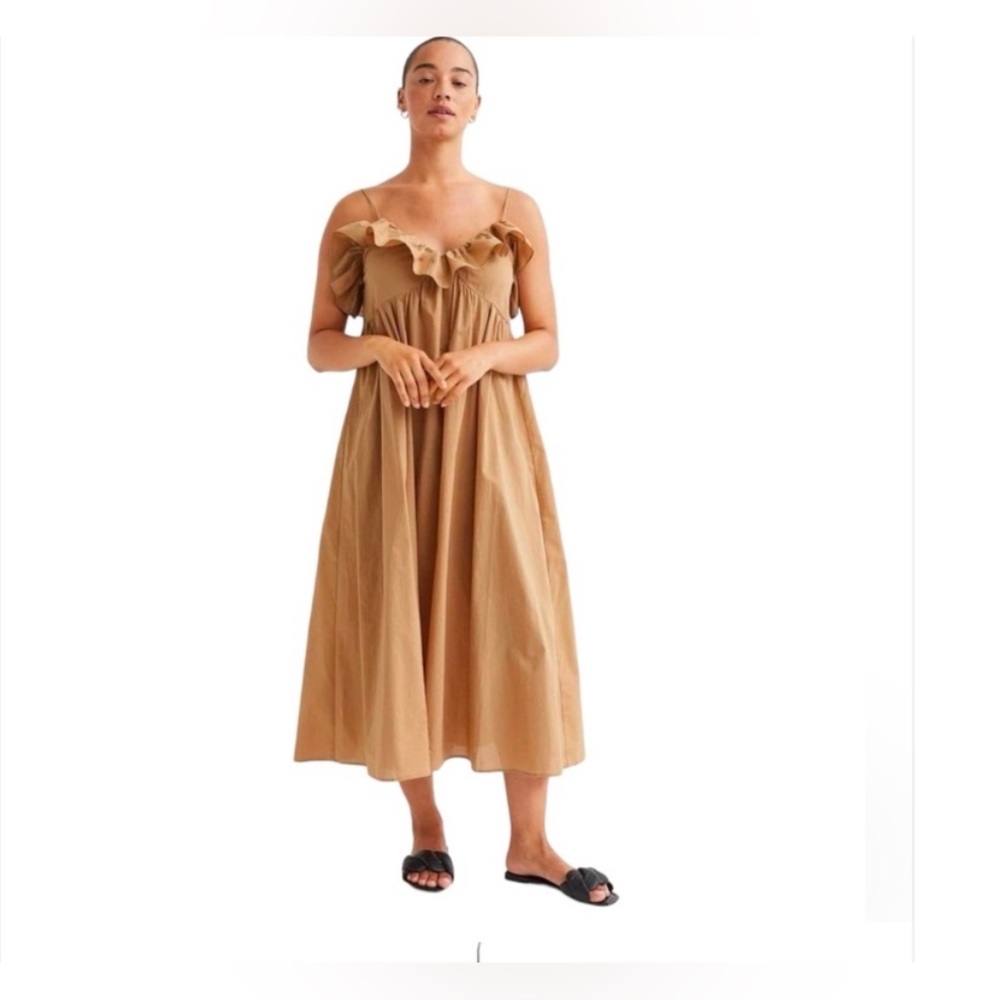 H&M Ruffle V-Neck Dress 
NWT Midi 
Khaki ruffles front and back. 
Size Large